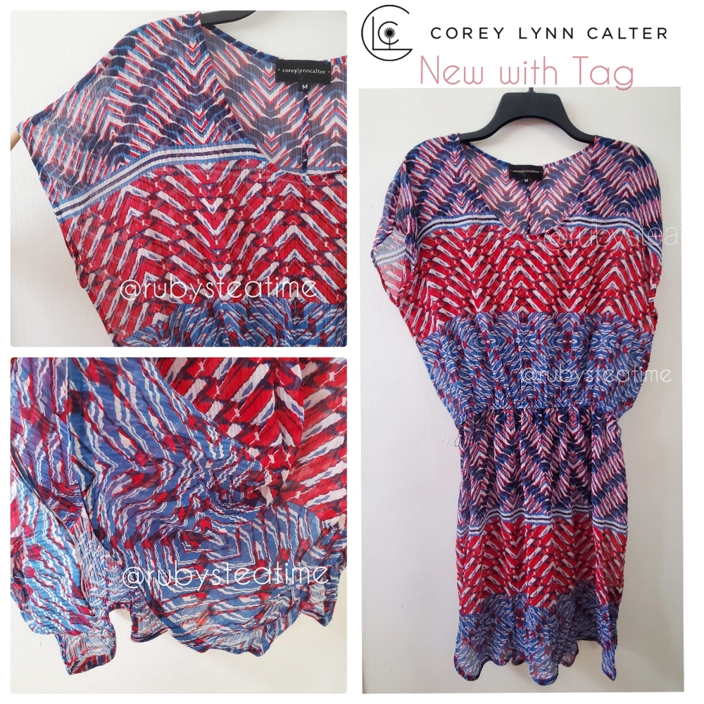 ANTHROPOLOGIE / COREY LYNN CALTER Sheer Silk Caftan Dress, RED WHITE BLUE, NWT